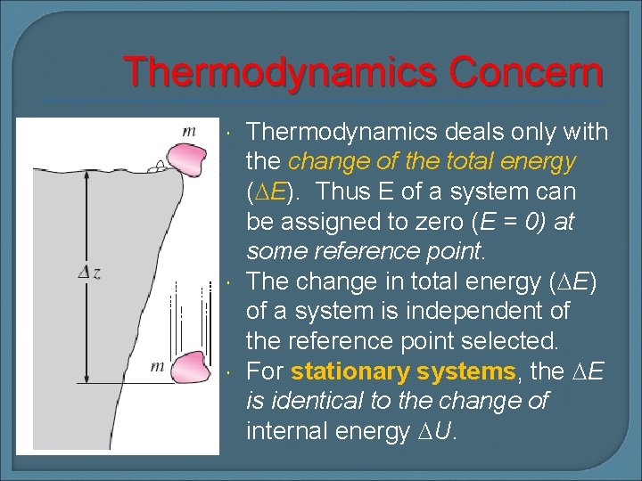 Thermodynamics Concern Thermodynamics deals only with the change of the total energy ( E).