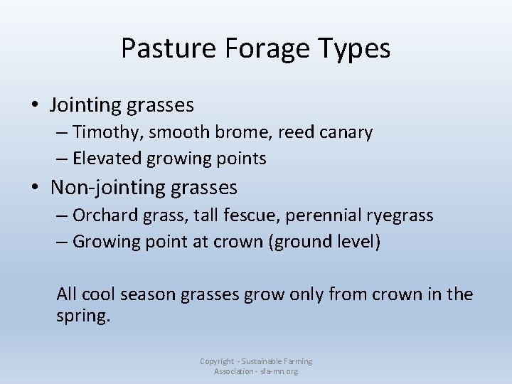 Pasture Forage Types • Jointing grasses – Timothy, smooth brome, reed canary – Elevated