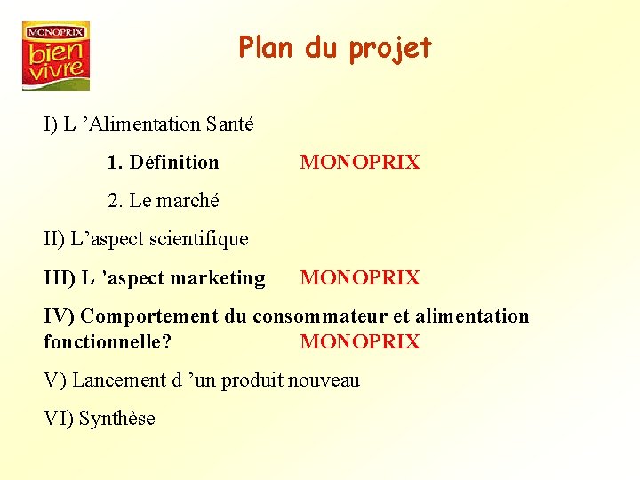 Plan du projet I) L ’Alimentation Santé 1. Définition MONOPRIX 2. Le marché II)