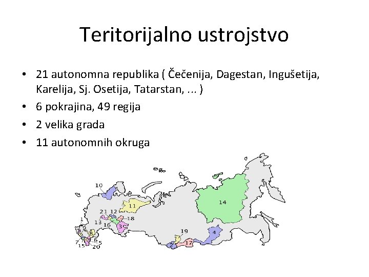 Teritorijalno ustrojstvo • 21 autonomna republika ( Čečenija, Dagestan, Ingušetija, Karelija, Sj. Osetija, Tatarstan,