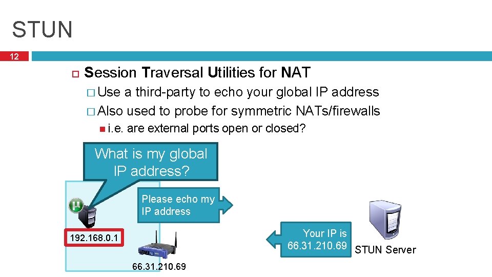 STUN 12 Session Traversal Utilities for NAT � Use a third-party to echo your