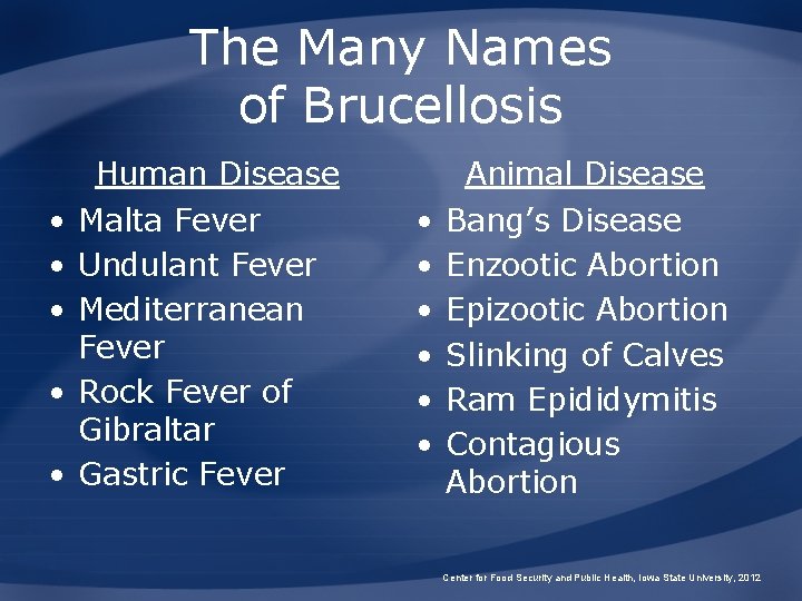 The Many Names of Brucellosis Human Disease • Malta Fever • Undulant Fever •