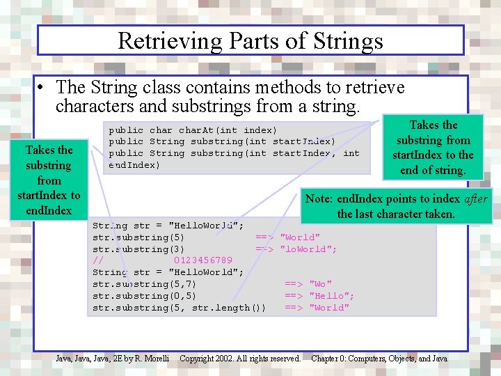 Retrieving Parts of Strings • The String class contains methods to retrieve characters and