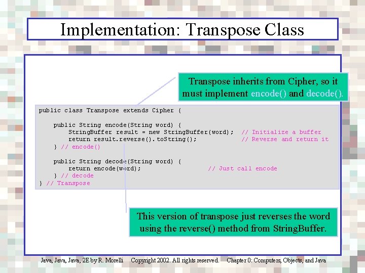 Implementation: Transpose Class Transpose inherits from Cipher, so it must implement encode() and decode().