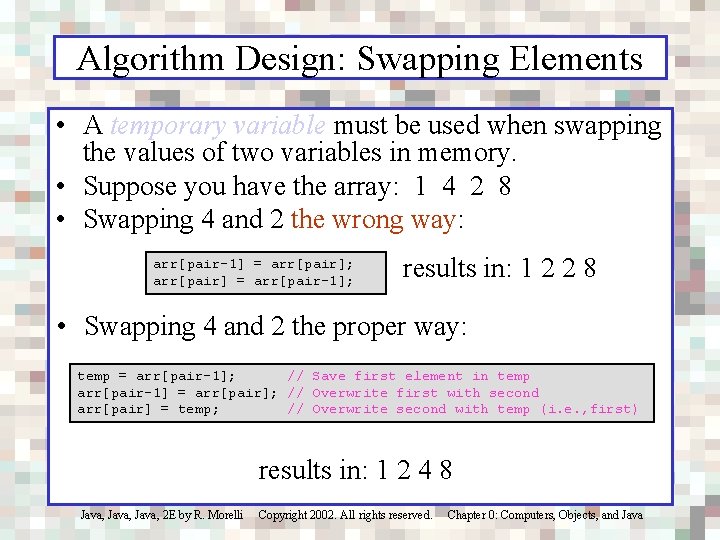 Algorithm Design: Swapping Elements • A temporary variable must be used when swapping the