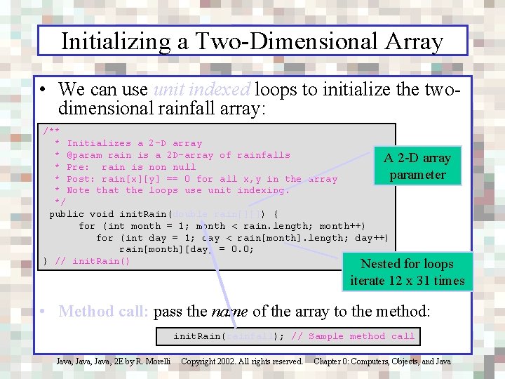 Initializing a Two-Dimensional Array • We can use unit indexed loops to initialize the