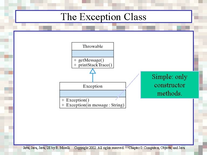 The Exception Class Simple: only constructor methods. Java, 2 E by R. Morelli Copyright