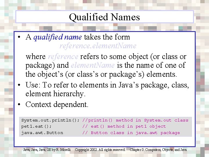 Qualified Names • A qualified name takes the form reference. element. Name where reference