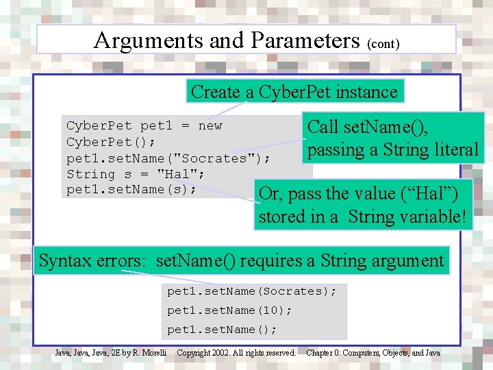 Arguments and Parameters (cont) Create a Cyber. Pet instance Cyber. Pet pet 1 =