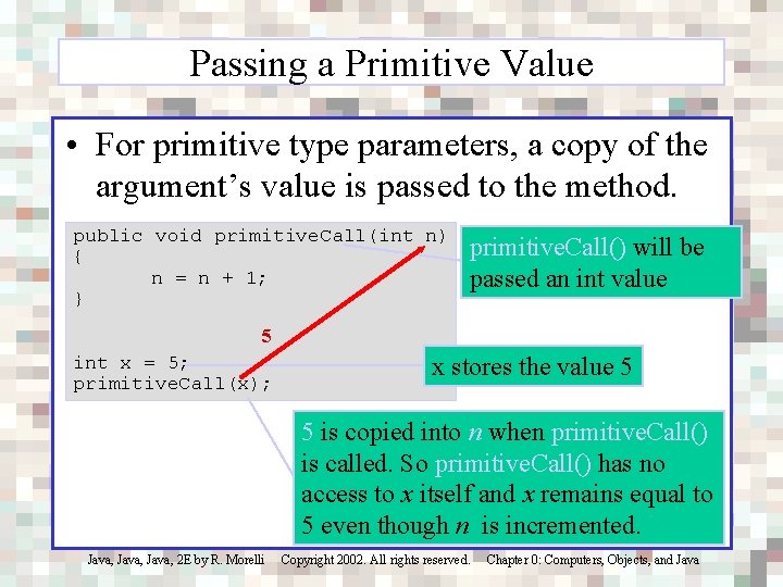 Passing a Primitive Value • For primitive type parameters, a copy of the argument’s