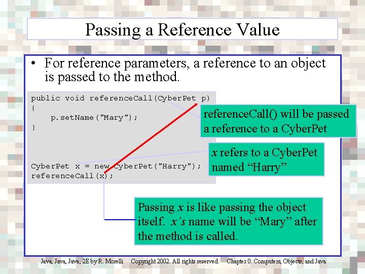 Passing a Reference Value • For reference parameters, a reference to an object is