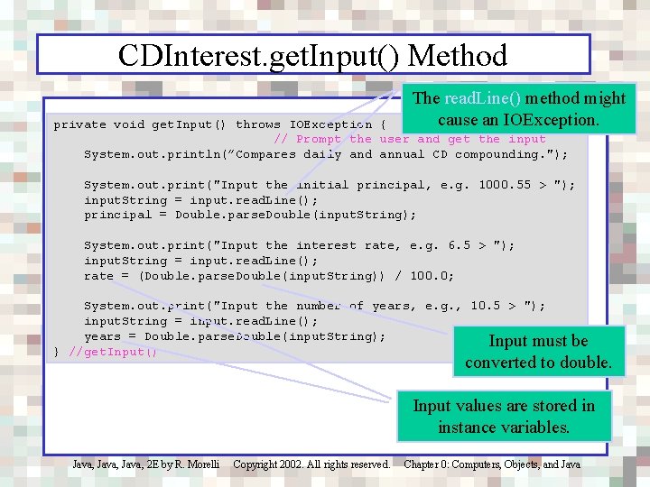 CDInterest. get. Input() Method The read. Line() method might cause an IOException. private void