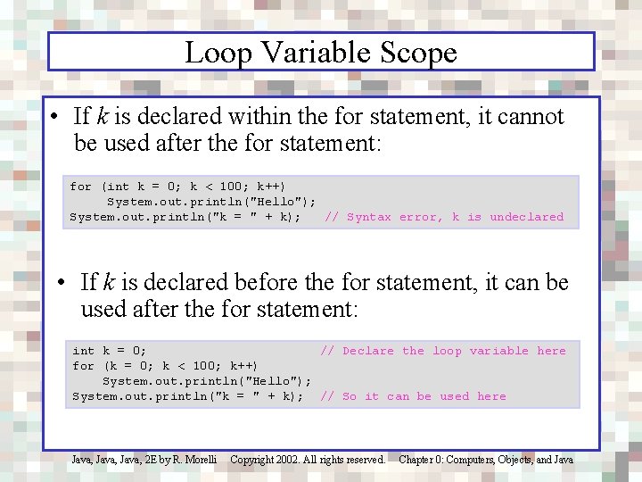 Loop Variable Scope • If k is declared within the for statement, it cannot