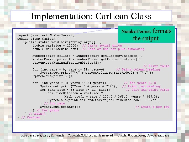 Implementation: Car. Loan Class Number. Format formats import java. text. Number. Format; public class