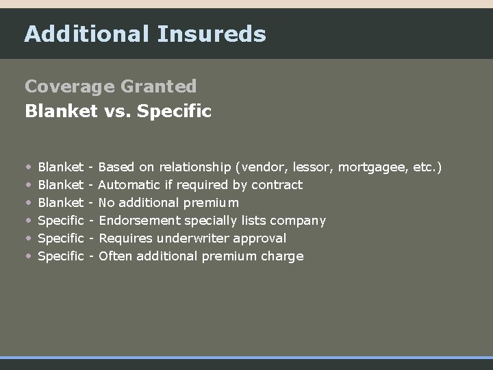 Additional Insureds Coverage Granted Blanket vs. Specific • • • Blanket - Based on
