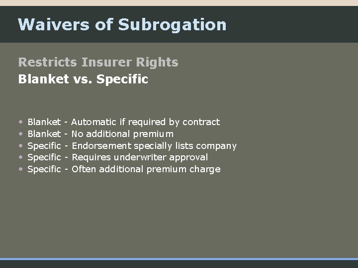 Waivers of Subrogation Restricts Insurer Rights Blanket vs. Specific • • • Blanket -