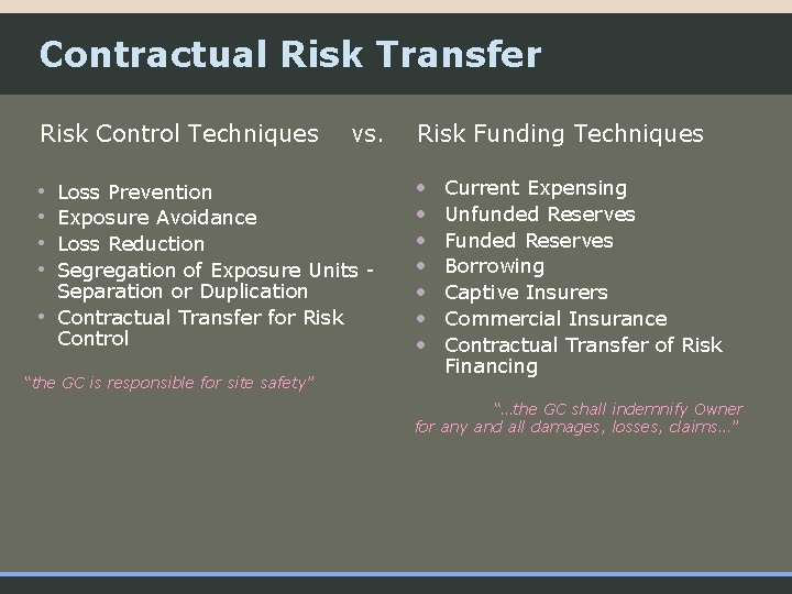 Contractual Risk Transfer Risk Control Techniques vs. Risk Funding Techniques • • Loss Prevention