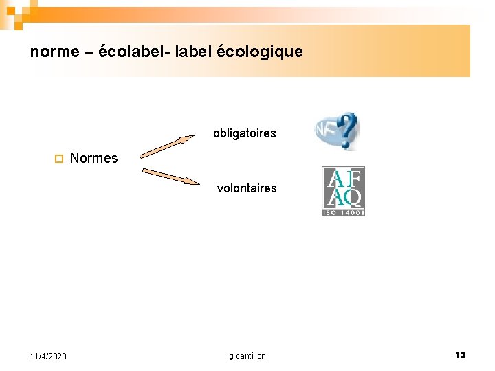 norme – écolabel- label écologique obligatoires ¨ Normes volontaires 11/4/2020 g cantillon 13 