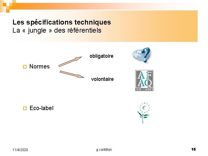 Les spécifications techniques La « jungle » des référentiels obligatoire ¨ Normes volontaire ¨