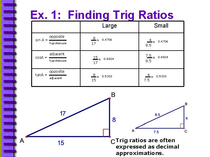 Ex. 1: Finding Trig Ratios Large sin A = cos. A = tan. A