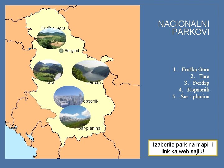 NACIONALNI PARKOVI Fruška Gora Beograd Tara Đerdap Kopaonik 1. Fruška Gora 2. Tara 3.