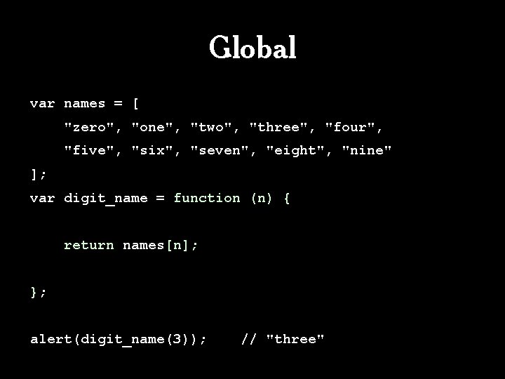 Global var names = [ "zero", "one", "two", "three", "four", "five", "six", "seven", "eight",