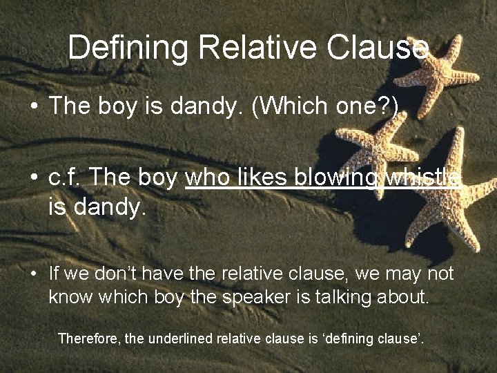 Defining Relative Clause • The boy is dandy. (Which one? ) • c. f.