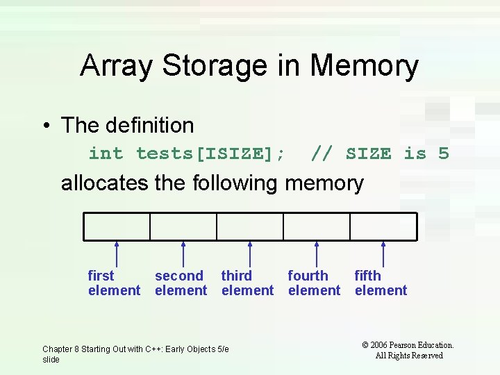 Array Storage in Memory • The definition int tests[ISIZE]; // SIZE is 5 allocates