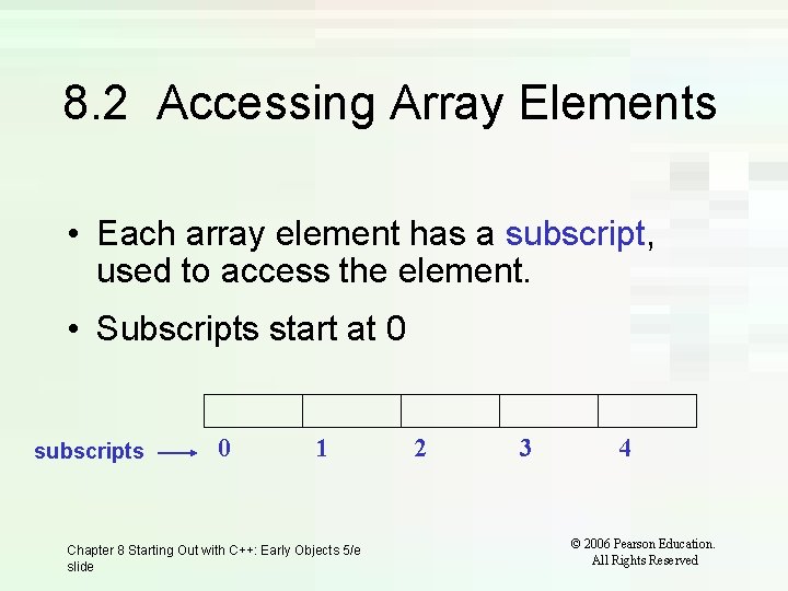 8. 2 Accessing Array Elements • Each array element has a subscript, used to