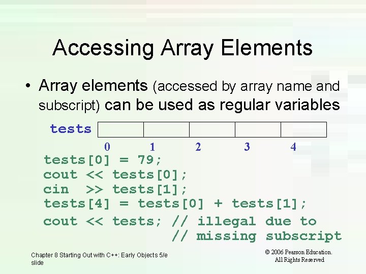 Accessing Array Elements • Array elements (accessed by array name and subscript) can be
