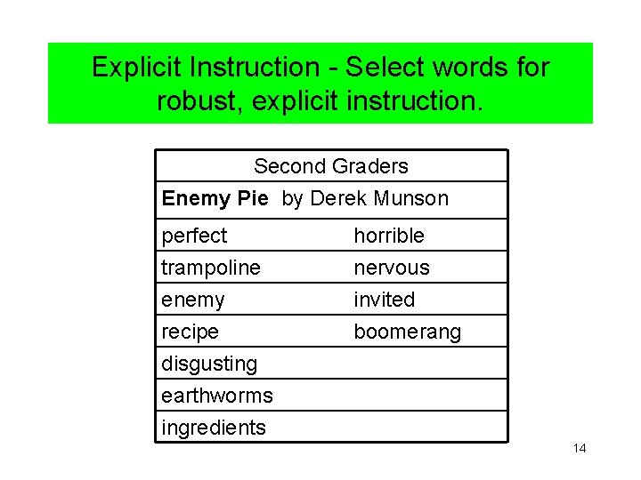Explicit Instruction - Select words for robust, explicit instruction. Second Graders Enemy Pie by