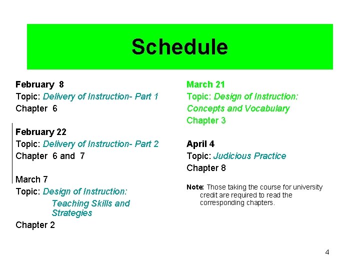 Schedule February 8 Topic: Delivery of Instruction- Part 1 Chapter 6 February 22 Topic: