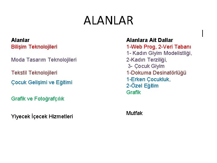 ALANLAR Alanlar Bilişim Teknolojileri Moda Tasarım Teknolojileri Tekstil Teknolojileri Çocuk Gelişimi ve Eğitimi Alanlara