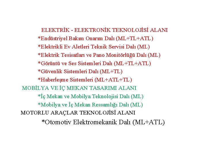 ELEKTRİK - ELEKTRONİK TEKNOLOJİSİ ALANI *Endüstriyel Bakım Onarım Dalı (ML+TL+ATL) *Elektrikli Ev Aletleri Teknik