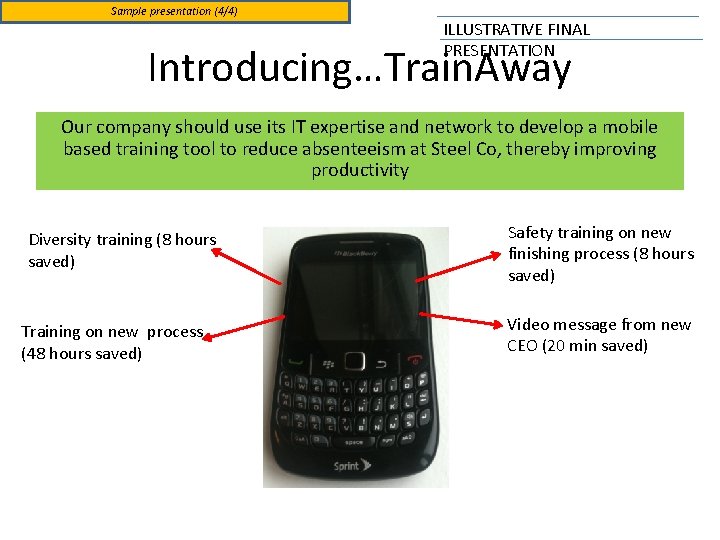 Sample presentation (4/4) ILLUSTRATIVE FINAL PRESENTATION Introducing…Train. Away Our company should use its IT