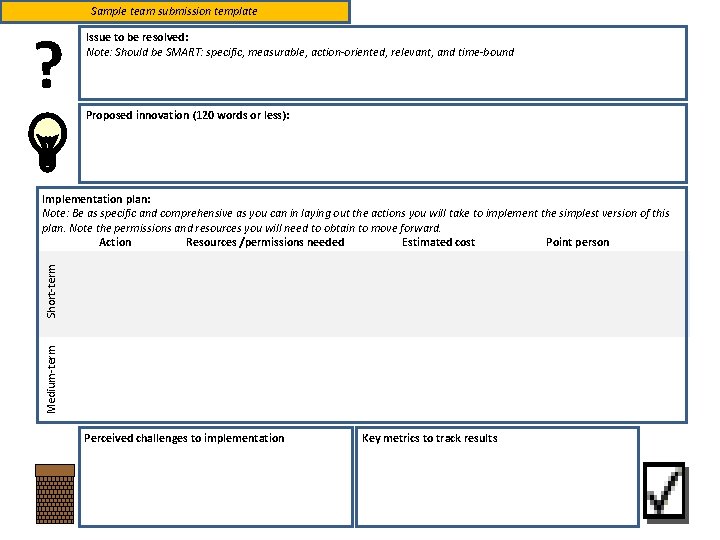 Sample team submission template ? Issue to be resolved: Note: Should be SMART: specific,