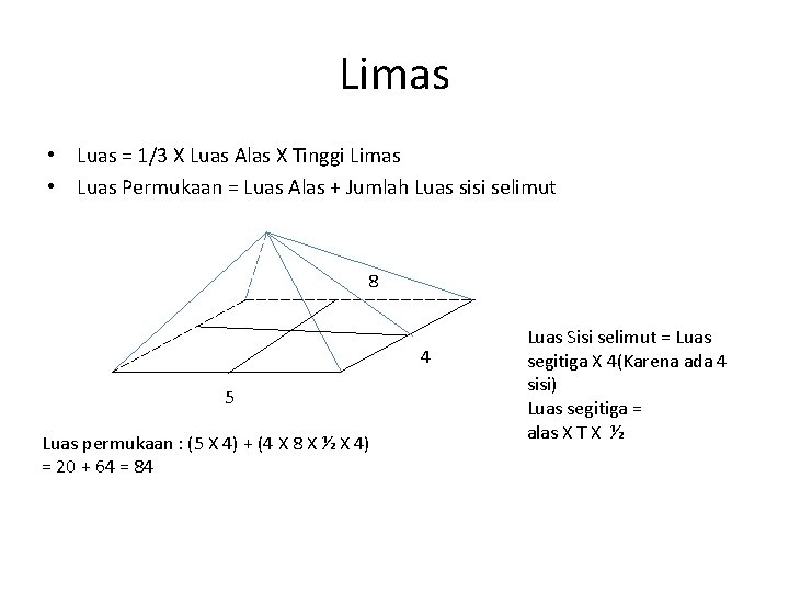 Limas • Luas = 1/3 X Luas Alas X Tinggi Limas • Luas Permukaan