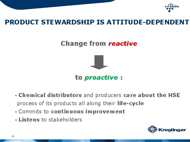 PRODUCT STEWARDSHIP IS ATTITUDE-DEPENDENT Change from reactive to proactive : • Chemical distributors and