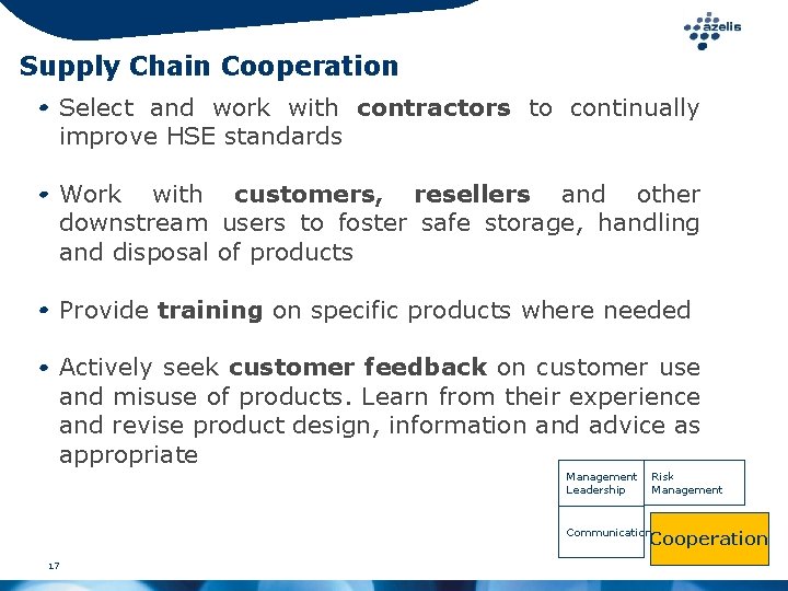 Supply Chain Cooperation Select and work with contractors to continually improve HSE standards Work