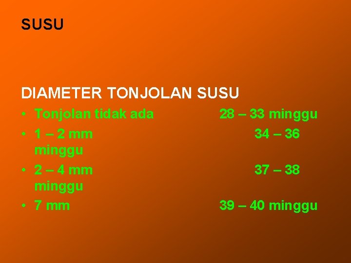 SUSU DIAMETER TONJOLAN SUSU • Tonjolan tidak ada • 1 – 2 mm minggu