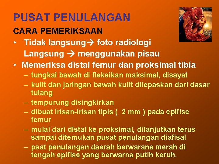 PUSAT PENULANGAN CARA PEMERIKSAAN • Tidak langsung foto radiologi Langsung menggunakan pisau • Memeriksa