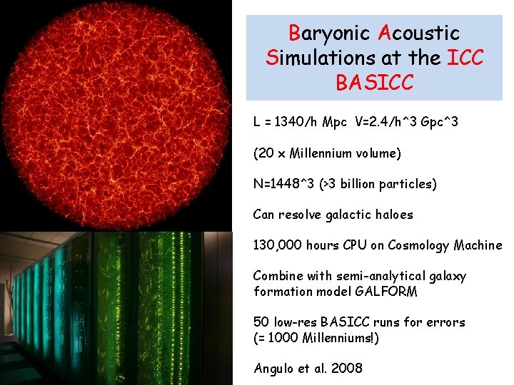 Baryonic Acoustic Simulations at the ICC BASICC L = 1340/h Mpc V=2. 4/h^3 Gpc^3