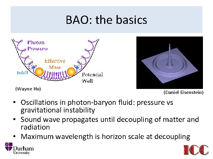 BAO: the basics (Wayne Hu) (Daniel Eisenstein) • Oscillations in photon-baryon fluid: pressure vs