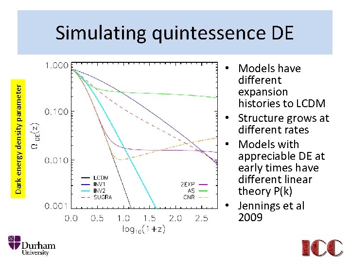 Dark energy density parameter Simulating quintessence DE • Models have different expansion histories to