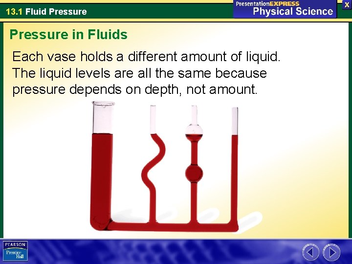 13. 1 Fluid Pressure in Fluids Each vase holds a different amount of liquid.