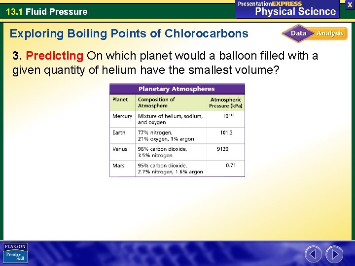 13. 1 Fluid Pressure Exploring Boiling Points of Chlorocarbons 3. Predicting On which planet