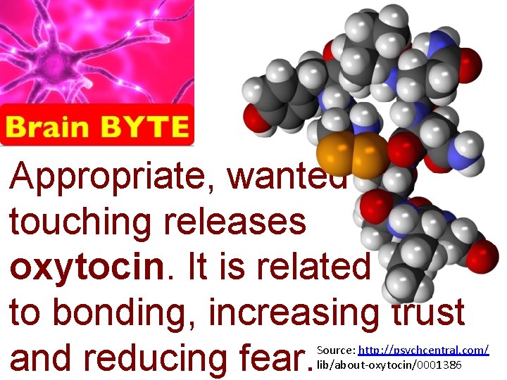 Appropriate, wanted touching releases oxytocin. It is related to bonding, increasing trust and reducing