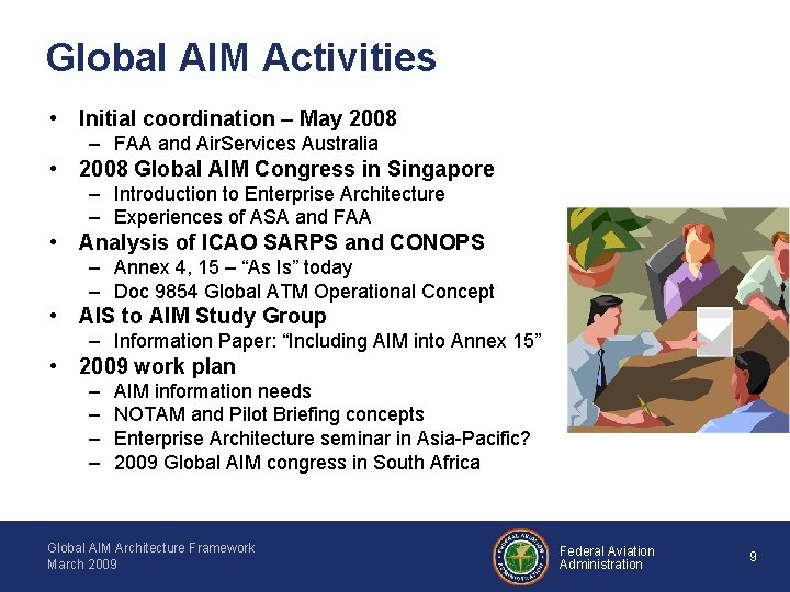 Global AIM Activities • Initial coordination – May 2008 – FAA and Air. Services