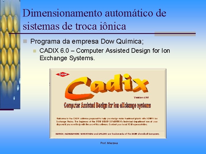 Dimensionamento automático de sistemas de troca iônica n Programa da empresa Dow Química; n