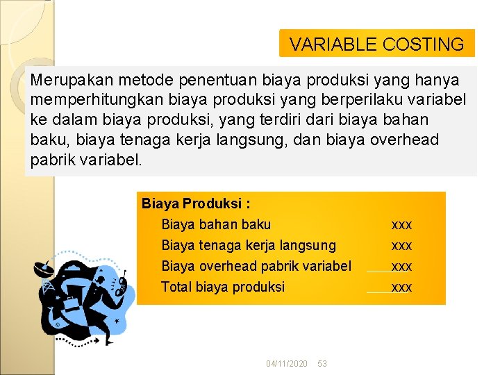 VARIABLE COSTING Merupakan metode penentuan biaya produksi yang hanya memperhitungkan biaya produksi yang berperilaku